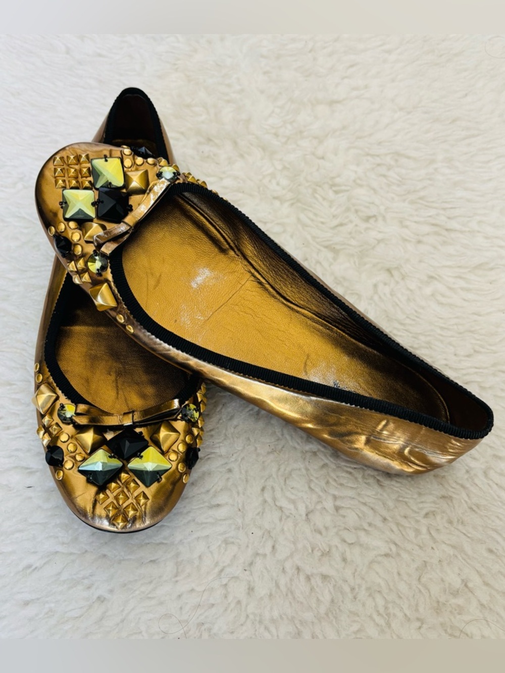 Prada Gold Metallic Embellished Jeweled Ballet Flats size EU 38.5  US 8 - Picture 2 of 12